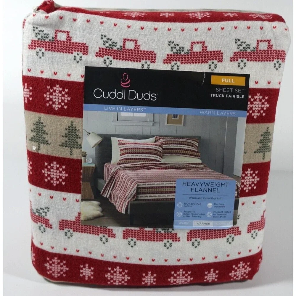 Cuddl Duds Full Sheet Set Heavyweight Flannel Truck Fairisle Red White New